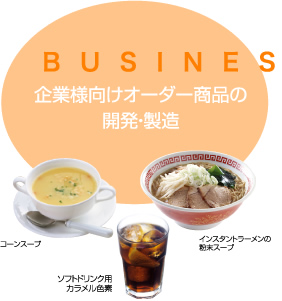 BUSINESS FIELD 1 企業様向けオーダー商品の開発・製造 コーンスープの粉末、炭酸飲料のカラメル色素、インスタントラーメンの粉末スープの開発