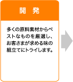 開発 多くの原料素材からベストなものを厳選し、お客さまが求める味の組立てにトライします。